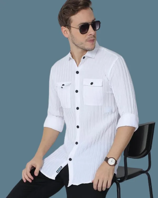 White_Cotton_Blend_Solid_Full_Sleeve_Shirt_For_Men