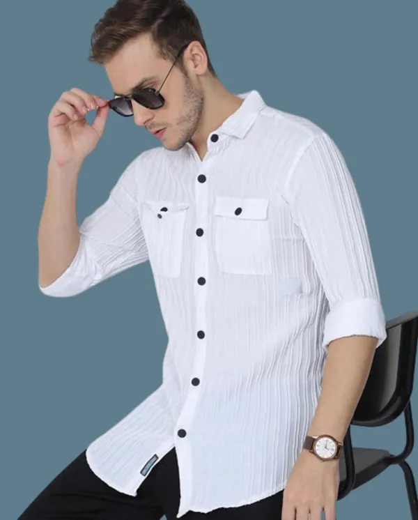 White_Cotton_Blend_Solid_Full_Sleeve_Shirt_For_Men