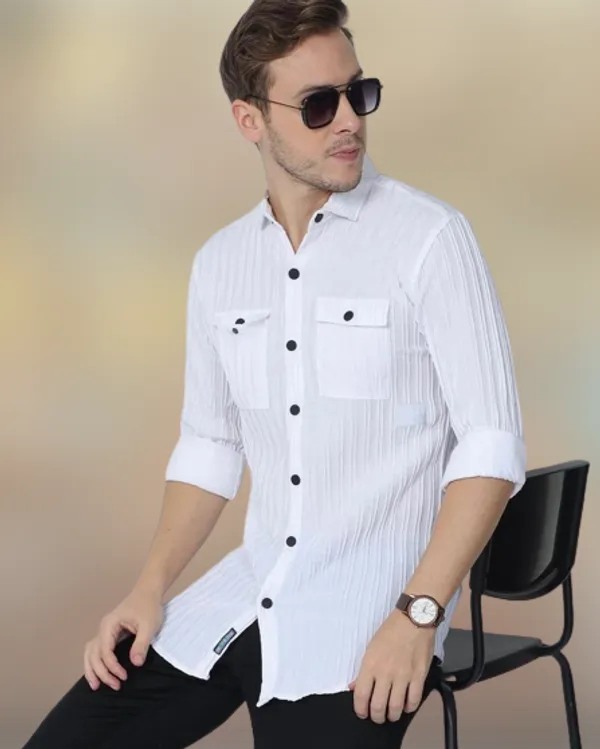 White_Cotton_Blend_Solid_Full_Sleeve_Shirt_For_Men
