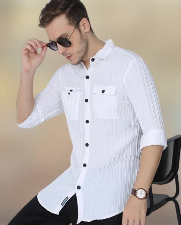 White_Cotton_Blend_Solid_Full_Sleeve_Shirt_For_Men
