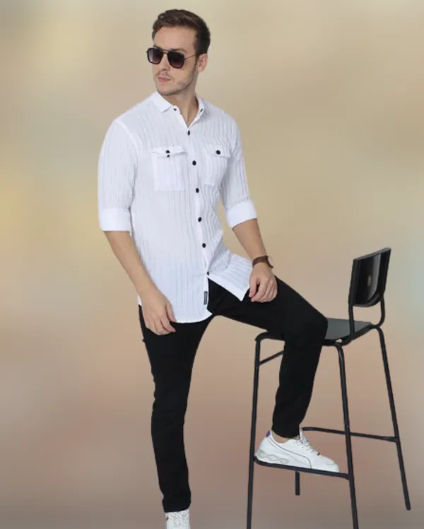 White_Cotton_Blend_Solid_Full_Sleeve_Shirt_For_Men