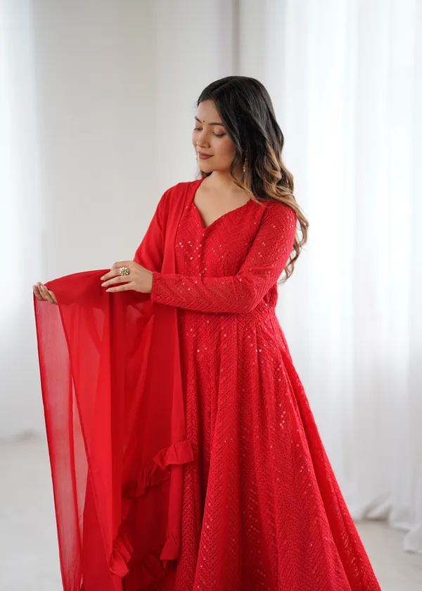 Red_Heavy_Pure_Soft_Fox_Georgette_Lukhnowi_Sequence_Work_Gown_For_Women