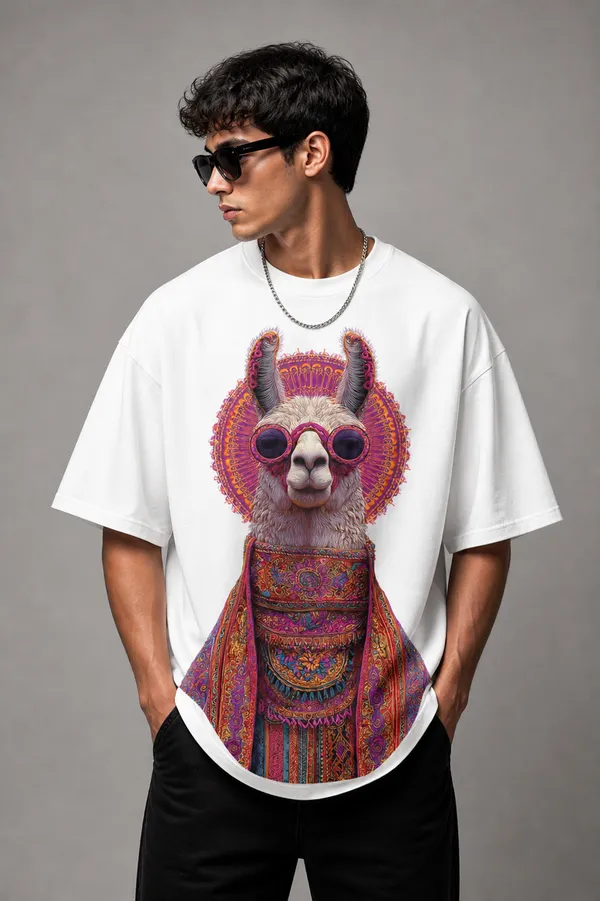 5_IGUANAS_White__Psychedelic_Llama_Oversized_T-Shirt