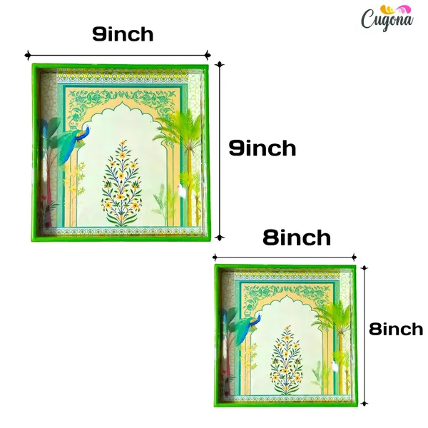 Wooden_Serving_Tray_Set_-_Epoxy_Resin_Coating_-_9x9_&_8x8_Cm_Serving_Tray_Set_of_2_Square,_Serving_Tray_Snacks_|_Multipurpose_Serving_Trays-Resin_Trey_Wooden_|_Green_Peacock_Floral_Design_Tray