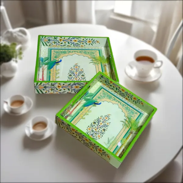 Wooden_Serving_Tray_Set_-_Epoxy_Resin_Coating_-_9x9_&_8x8_Cm_Serving_Tray_Set_of_2_Square,_Serving_Tray_Snacks_|_Multipurpose_Serving_Trays-Resin_Trey_Wooden_|_Green_Peacock_Floral_Design_Tray