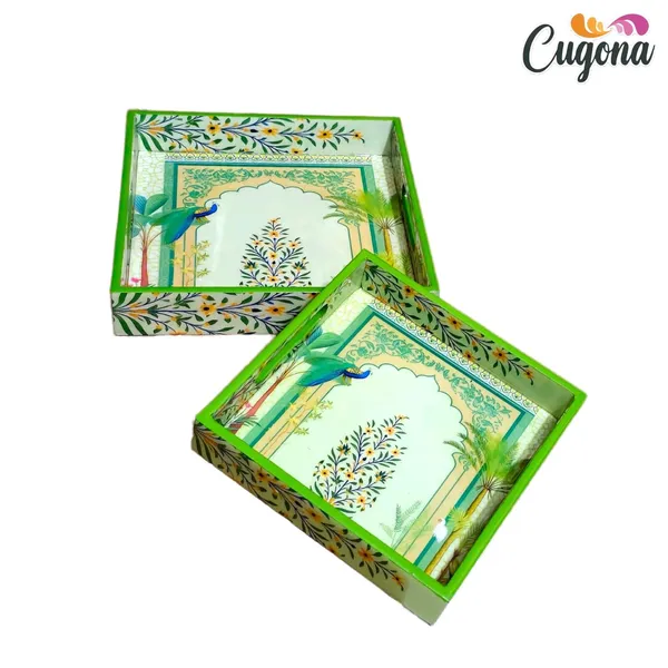 Wooden_Serving_Tray_Set_-_Epoxy_Resin_Coating_-_9x9_&_8x8_Cm_Serving_Tray_Set_of_2_Square,_Serving_Tray_Snacks_|_Multipurpose_Serving_Trays-Resin_Trey_Wooden_|_Green_Peacock_Floral_Design_Tray