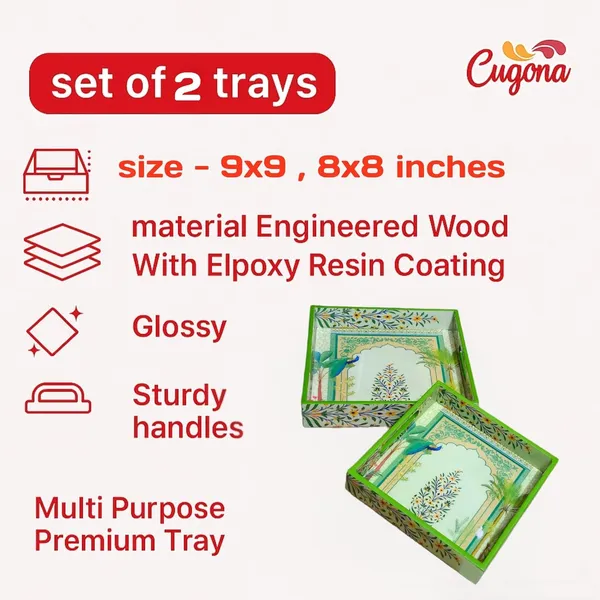 Wooden_Serving_Tray_Set_-_Epoxy_Resin_Coating_-_9x9_&_8x8_Cm_Serving_Tray_Set_of_2_Square,_Serving_Tray_Snacks_|_Multipurpose_Serving_Trays-Resin_Trey_Wooden_|_Green_Peacock_Floral_Design_Tray
