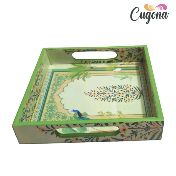Wooden_Serving_Tray_Set_-_Epoxy_Resin_Coating_-_9x9_&_8x8_Cm_Serving_Tray_Set_of_2_Square,_Serving_Tray_Snacks_|_Multipurpose_Serving_Trays-Resin_Trey_Wooden_|_Green_Peacock_Floral_Design_Tray