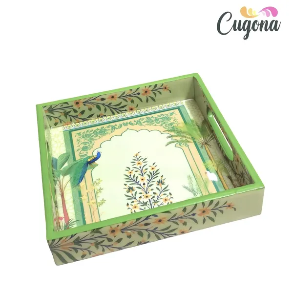Wooden_Serving_Tray_Set_-_Epoxy_Resin_Coating_-_9x9_&_8x8_Cm_Serving_Tray_Set_of_2_Square,_Serving_Tray_Snacks_|_Multipurpose_Serving_Trays-Resin_Trey_Wooden_|_Green_Peacock_Floral_Design_Tray