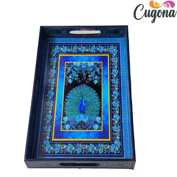 Wooden_Serving_Tray_with_Gold_Engraving_|_Set_of_3_|_Size_:_16_x_10_inch,_14_x_8_inch_&_12_x_6_inch_|_Enamel_Coated_Waterproof_|_Rectangular_|_Decorative_Trays_(peacockgreen)