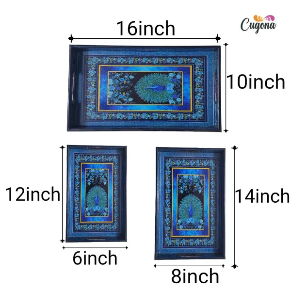 Wooden_Serving_Tray_with_Gold_Engraving_|_Set_of_3_|_Size_:_16_x_10_inch,_14_x_8_inch_&_12_x_6_inch_|_Enamel_Coated_Waterproof_|_Rectangular_|_Decorative_Trays_(peacockgreen)