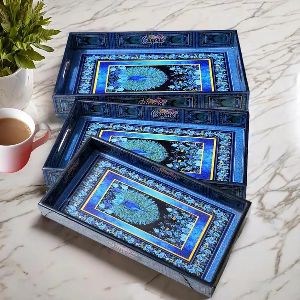 Wooden_Serving_Tray_with_Gold_Engraving_|_Set_of_3_|_Size_:_16_x_10_inch,_14_x_8_inch_&_12_x_6_inch_|_Enamel_Coated_Waterproof_|_Rectangular_|_Decorative_Trays_(peacockgreen)