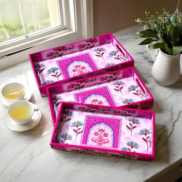 Wooden_Serving_Tray_with_Gold_Engraving_|_Set_of_3_|_Size_:_16_x_10_inch,_14_x_8_inch_&_12_x_6_inch_|_Enamel_Coated_Waterproof_|_Rectangular_|_Decorative_Trays_(Pink_Floral)