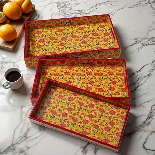 Wooden_Serving_Tray_with_Gold_Engraving_|_Set_of_3_|_Size_:_16_x_10_inch,_14_x_8_inch_&_12_x_6_inch_|_Enamel_Coated_Waterproof_|_Rectangular_|_Decorative_Trays_(Yellow_Floral)