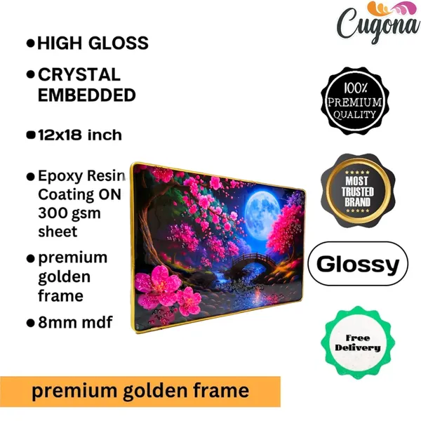 3D_Pink_Flower_Scenery_Photo_Frame_with_Crystal_Stones_&_Golden_Frame__12x18_Inch_Epoxy_Resin_Wall_Decor_for_Living_Room,_Bedroom_&_Gifting_occiasion