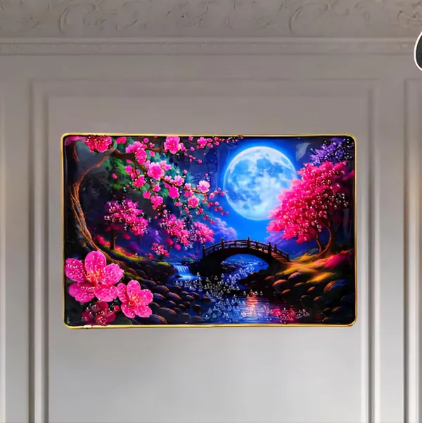 3D_Pink_Flower_Scenery_Photo_Frame_with_Crystal_Stones_&_Golden_Frame__12x18_Inch_Epoxy_Resin_Wall_Decor_for_Living_Room,_Bedroom_&_Gifting_occiasion