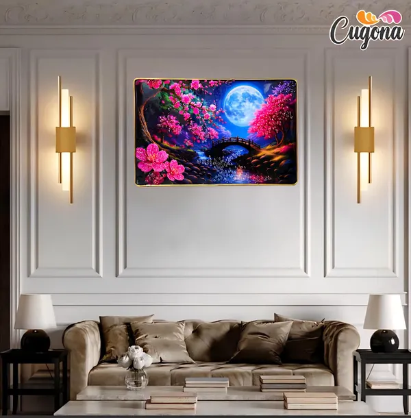 3D_Pink_Flower_Scenery_Photo_Frame_with_Crystal_Stones_&_Golden_Frame__12x18_Inch_Epoxy_Resin_Wall_Decor_for_Living_Room,_Bedroom_&_Gifting_occiasion