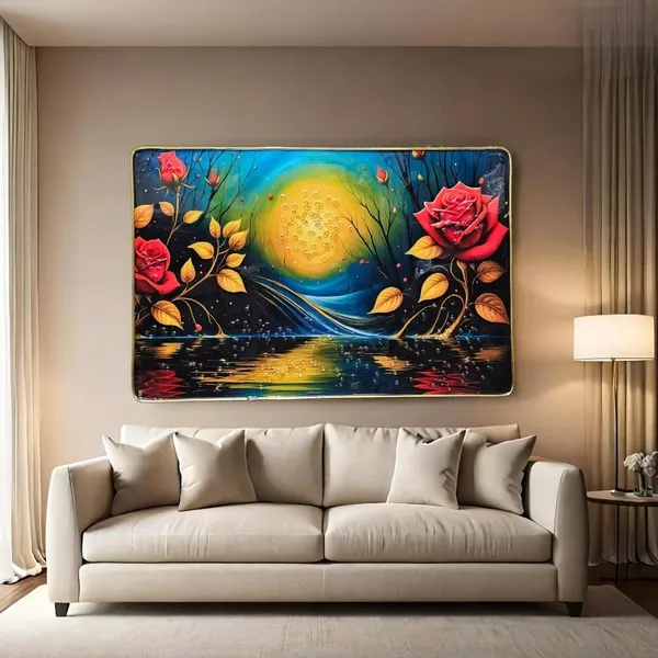 3D_Pink_Flower_Scenery_Photo_Frame_with_Crystal_Stones_&_Golden_Frame__12x18_Inch_Epoxy_Resin_Wall_Decor_for_Living_Room,_Bedroom_&_Gifting_occiasion_(m5_red_rose)