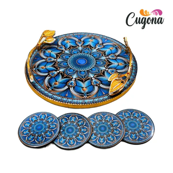 Round_Resin_Serving_Tray_with_Golden_Metal_Handles_12inch-_Multipurpose_Tray_with_Coasters_Set_of_4__Decorative_Kitchen_&_Dining_Tray,_Wooden_Tray_for_Serving_&_Tray_with_Coasters