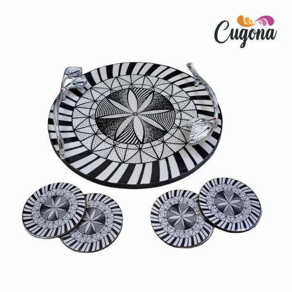 Round_Serving_Tray_with_Metal_Handles_12inch-_Multipurpose_Tray_with_Coasters_Set_of_4__Decorative_Kitchen_&_Dining_Tray,_Wooden_Tray_for_Serving_&_Resin_Tray_with_Coasters