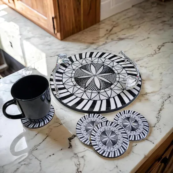 Round_Serving_Tray_with_Metal_Handles_12inch-_Multipurpose_Tray_with_Coasters_Set_of_4__Decorative_Kitchen_&_Dining_Tray,_Wooden_Tray_for_Serving_&_Resin_Tray_with_Coasters