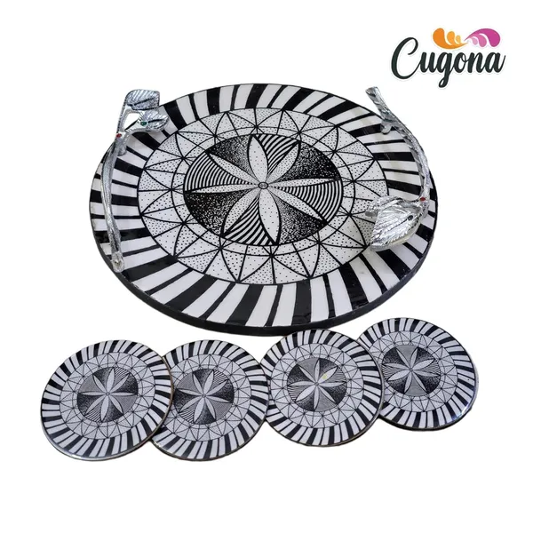 Round_Serving_Tray_with_Metal_Handles_12inch-_Multipurpose_Tray_with_Coasters_Set_of_4__Decorative_Kitchen_&_Dining_Tray,_Wooden_Tray_for_Serving_&_Resin_Tray_with_Coasters