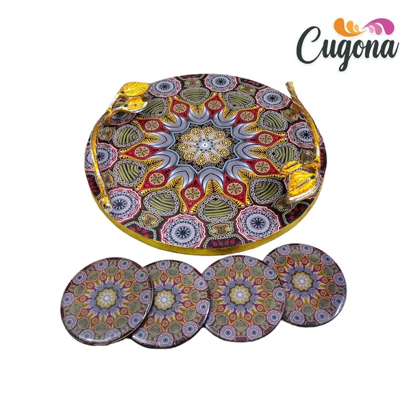 Round_Wooden_Serving_Tray_with_Golden_Metal_Handles_12_inch-_Multipurpose_Tray_with_Coasters_Set_of_4__Decorative_Kitchen_&_Dining_Tray,_Wooden_Tray_for_Serving_&_Tray_with_Coasters