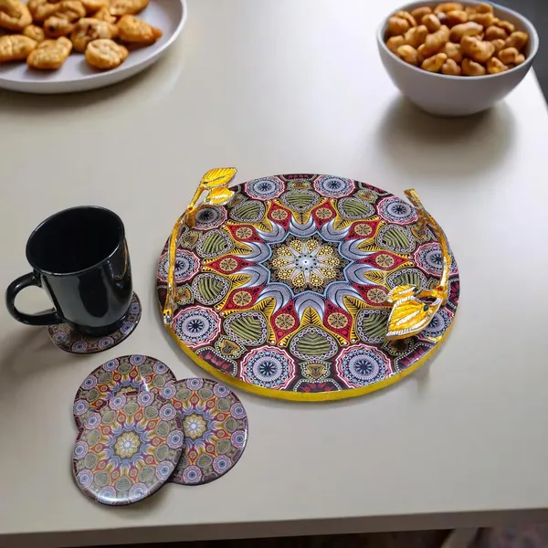 Round_Wooden_Serving_Tray_with_Golden_Metal_Handles_12_inch-_Multipurpose_Tray_with_Coasters_Set_of_4__Decorative_Kitchen_&_Dining_Tray,_Wooden_Tray_for_Serving_&_Tray_with_Coasters
