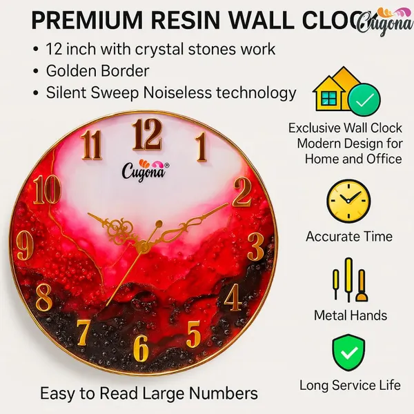 Premium_Resin_Wall_Clock_for_Home_12_inch,_Silent_Sweep_Movement,_Crystal_Stones,_Golden_Border,_Modern_red_Ocean_Wave_Design_Big_Wall_Clock_for_Living_Room_Hotel_Resin_Art_wal_Clock_Big_Size