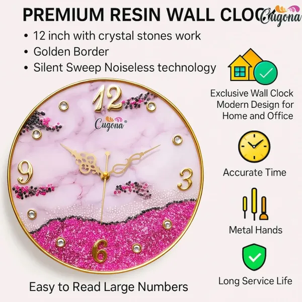 Premium_resin_Wall_Clock_for_home_12_inch_Crystal_Stones,_Golden_Border,_Modern_crstyal_Ocean_Wave_Pink_Wall_Clock_big_size_for_Living_Room_Silent_Sweep_Movement_hotel_Resin_clock_for_living_room