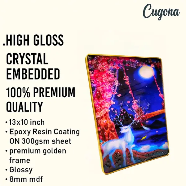 3D_White_Deer_photo_frame_Crystal_stone_with_golden_frame_-_epoxy_resin_Coated_13x10_inch_for_Living_Room,_Office,_Hotels,_bedroom_painting_for_wall_decoration_golden_crystal_Wall_Painting_for_decoration_|_deer_with_pink_flower_Painting_wall_Decor_framed_wall_decor_for_living_room_|_scenery_for_wall_decoraion