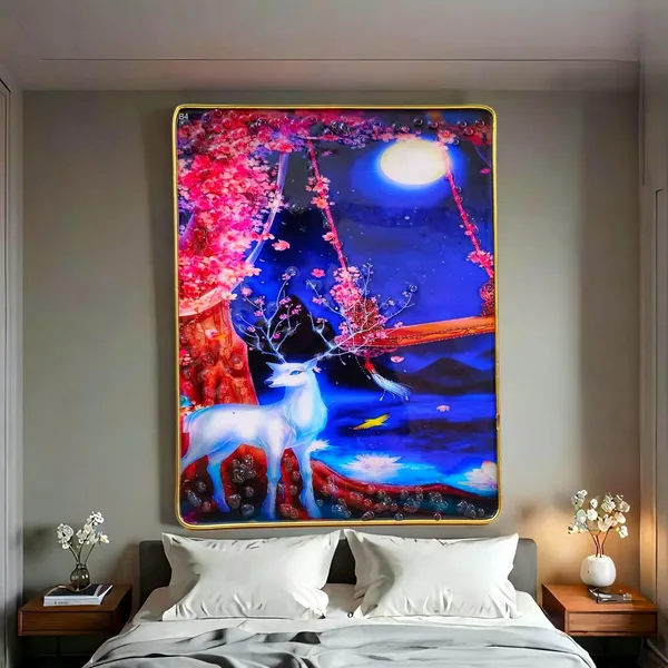3D_White_Deer_photo_frame_Crystal_stone_with_golden_frame_-_epoxy_resin_Coated_13x10_inch_for_Living_Room,_Office,_Hotels,_bedroom_painting_for_wall_decoration_golden_crystal_Wall_Painting_for_decoration_|_deer_with_pink_flower_Painting_wall_Decor_framed_wall_decor_for_living_room_|_scenery_for_wall_decoraion