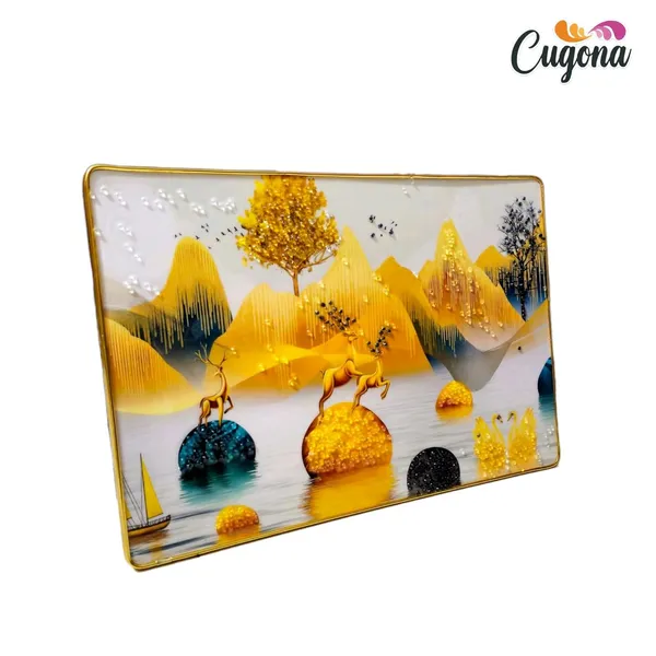 3D_White_Deer_with_Swan_Photo_Frame__12x18_Inch_Crystal_Wall_Art_with_Golden_Border_&_Epoxy_Resin_Coating_for_Home,_Office,_Hotels
