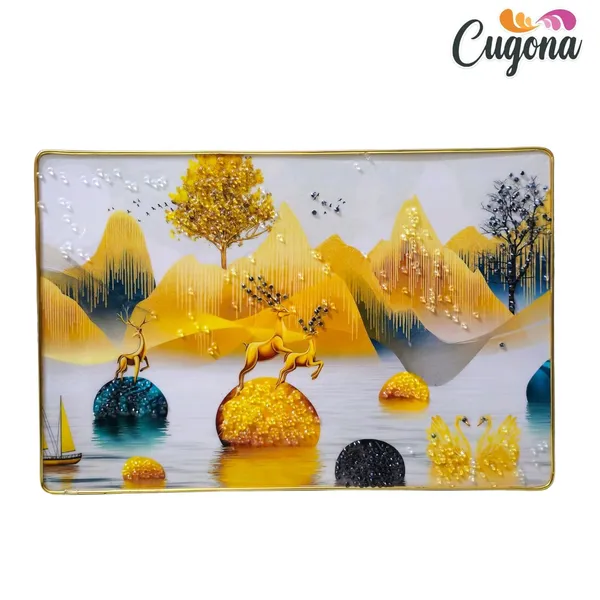 3D_White_Deer_with_Swan_Photo_Frame__12x18_Inch_Crystal_Wall_Art_with_Golden_Border_&_Epoxy_Resin_Coating_for_Home,_Office,_Hotels
