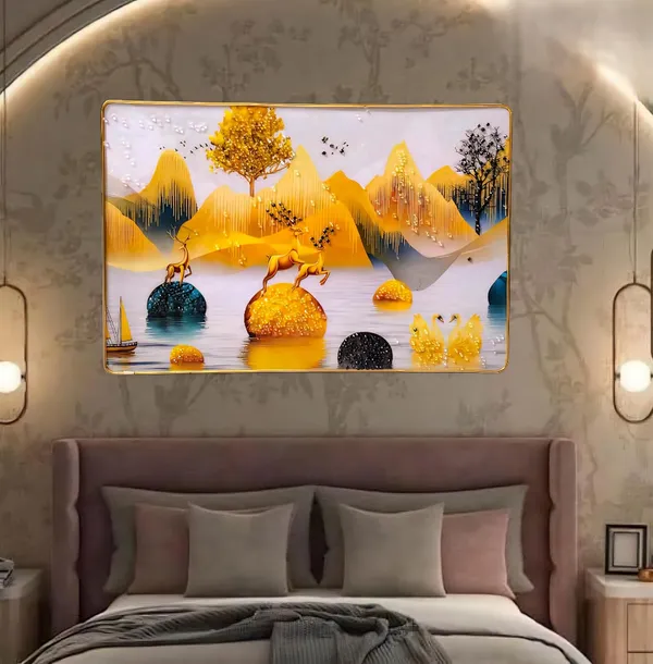 3D_White_Deer_with_Swan_Photo_Frame__12x18_Inch_Crystal_Wall_Art_with_Golden_Border_&_Epoxy_Resin_Coating_for_Home,_Office,_Hotels