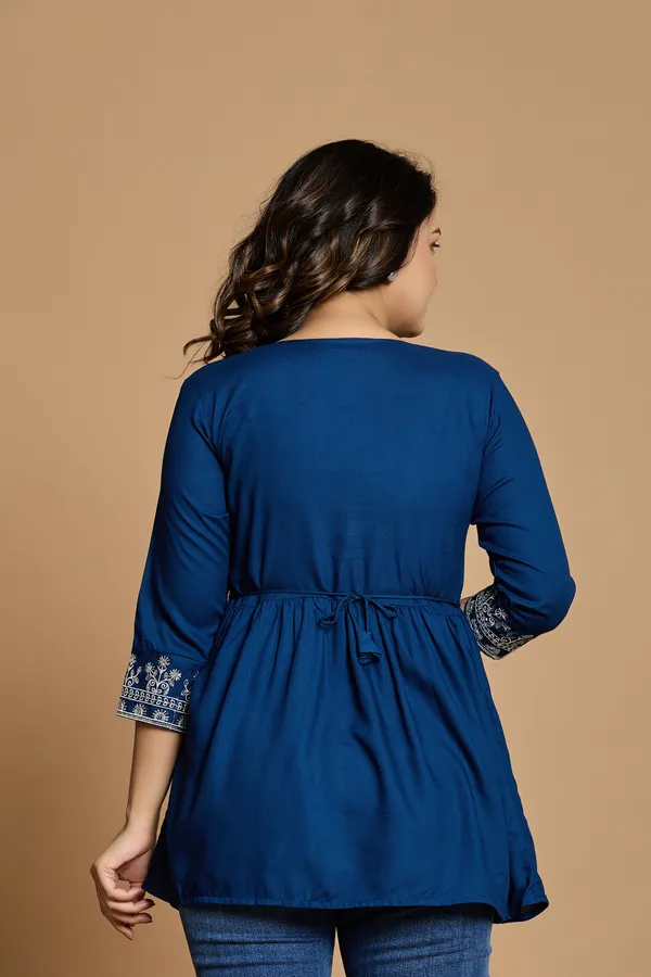 Royal_Blue_Embroidered_V_type_Stylized_Neck_Top_|_For_Women