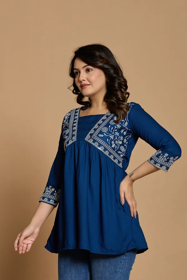 Royal_Blue_Embroidered_V_type_Stylized_Neck_Top_|_For_Women