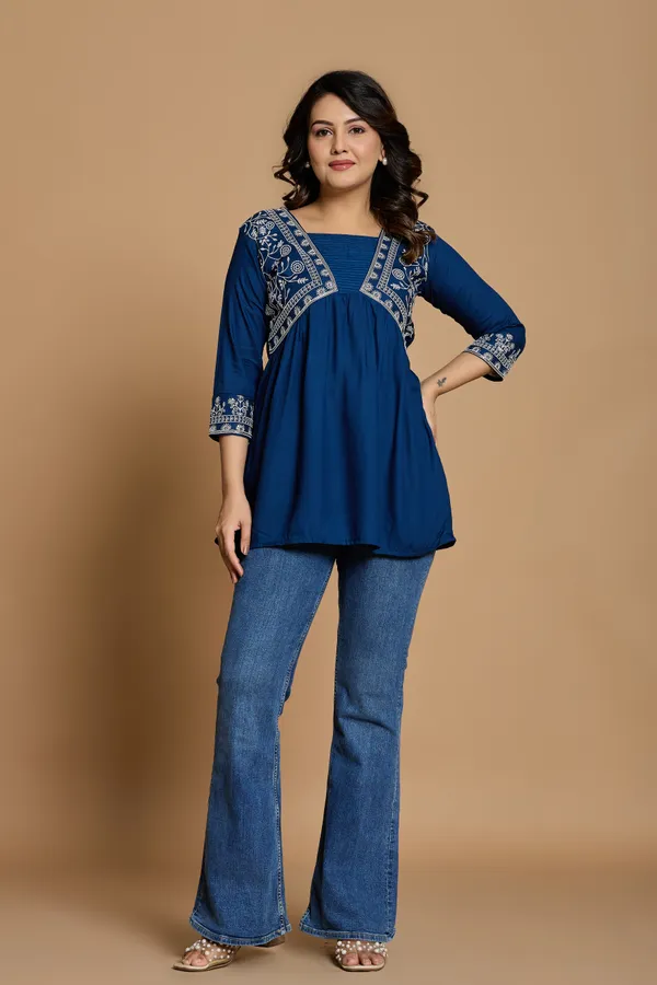 Royal_Blue_Embroidered_V_type_Stylized_Neck_Top_|_For_Women