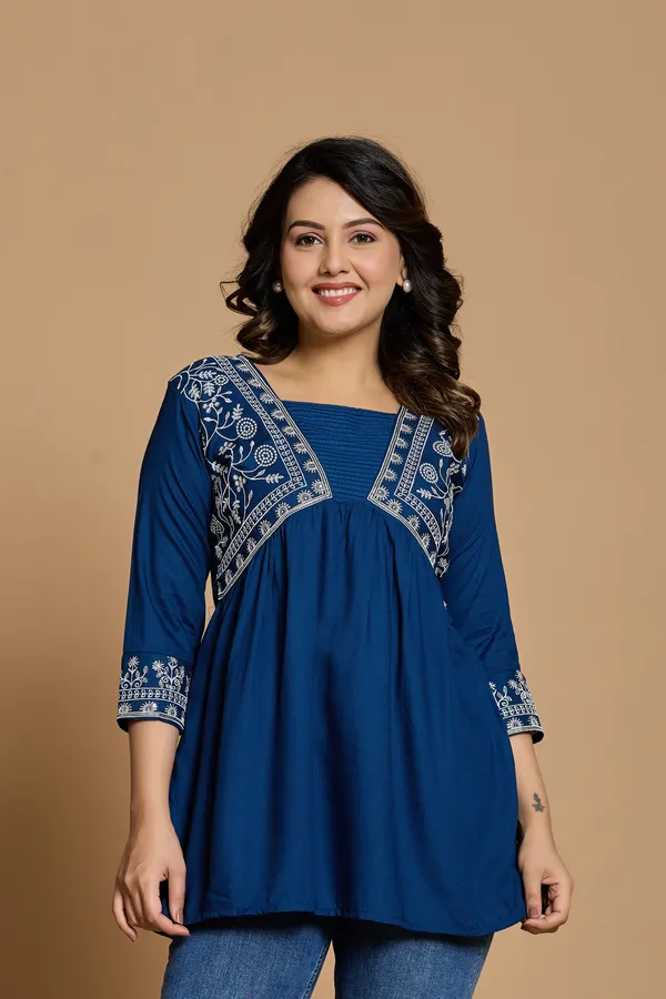 Royal_Blue_Embroidered_V_type_Stylized_Neck_Top_|_For_Women