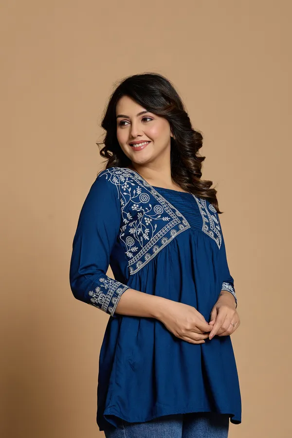 Royal_Blue_Embroidered_V_type_Stylized_Neck_Top_|_For_Women
