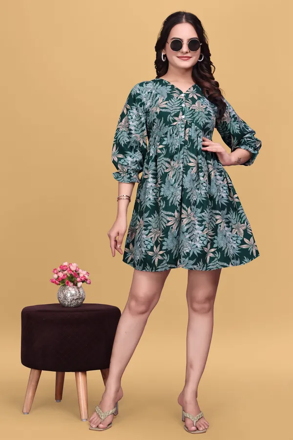 Green_Floral_Printed_A-Line_Puff_Sleeves_Mini_Dress_|_For_Women