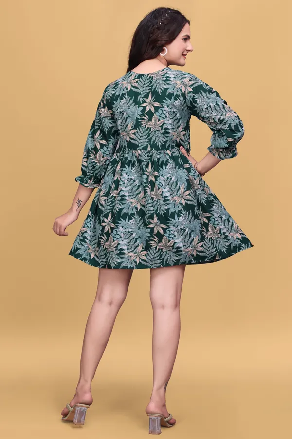 Green_Floral_Printed_A-Line_Puff_Sleeves_Mini_Dress_|_For_Women