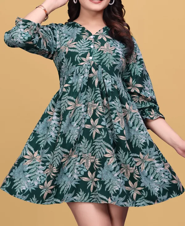 Green_Floral_Printed_A-Line_Puff_Sleeves_Mini_Dress_|_For_Women