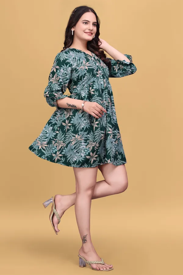 Green_Floral_Printed_A-Line_Puff_Sleeves_Mini_Dress_|_For_Women
