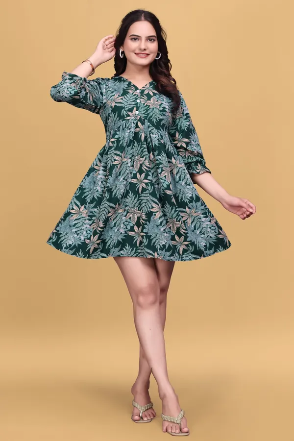 Green_Floral_Printed_A-Line_Puff_Sleeves_Mini_Dress_|_For_Women