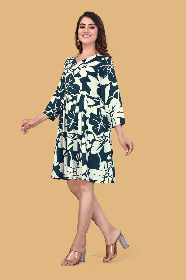 Green_Floral_Printed_A-Line_Puff_Sleeves_Mini_Dress_|_For_Women
