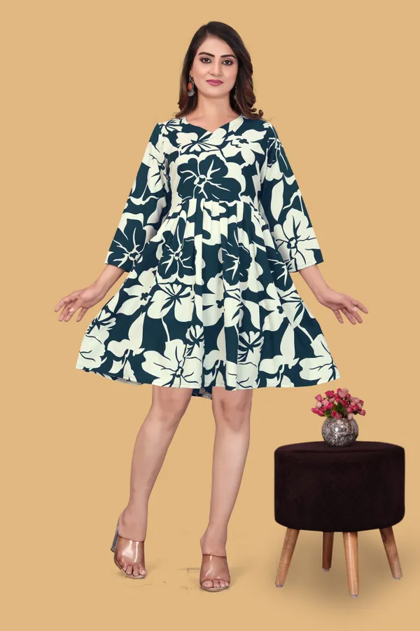 Green_Floral_Printed_A-Line_Puff_Sleeves_Mini_Dress_|_For_Women