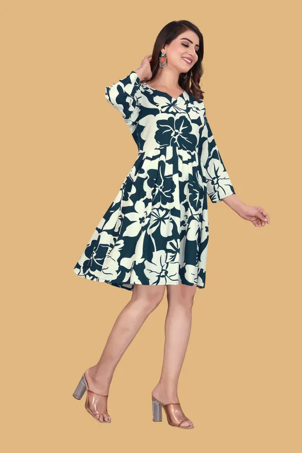 Green_Floral_Printed_A-Line_Puff_Sleeves_Mini_Dress_|_For_Women