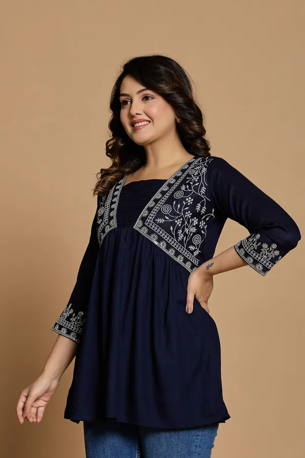 Navy_Blue_Embroidered_V_type_Stylized_Neck_Top_|_For_Women