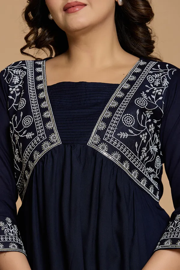 Navy_Blue_Embroidered_V_type_Stylized_Neck_Top_|_For_Women